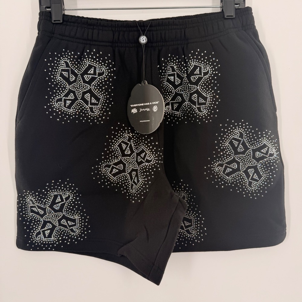 Evil‎ Vice Rhinestone Fleece Shorts Mens Medium Black Streetwear Graphic New